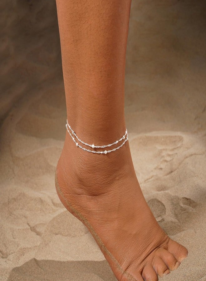 LEXODY Silver Ankle Bracelets for Women Waterproof, Sterling Silver Plated Layered Beaded Anklets for Women Trendy Dainty Wave Link Chain Anklets Set Summer Beach Jewelry Gift - Image 3